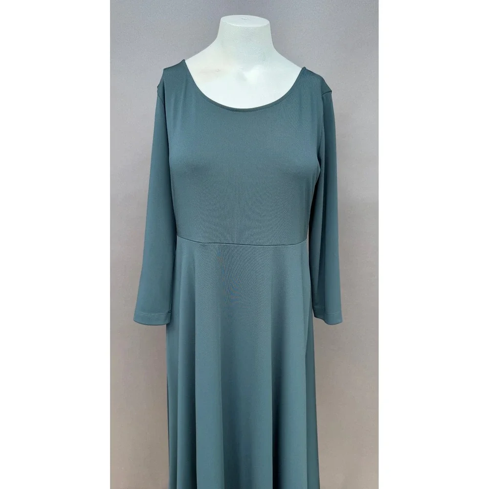 Lands End Dress Medium 10-12 Teal Green Long Sleeve Fit Flare Midi Dress